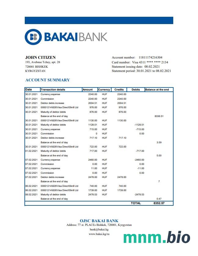Kirgistan Kirgizbank dowód adresu szablon wyciągu bankowego w formacie Word i PDF